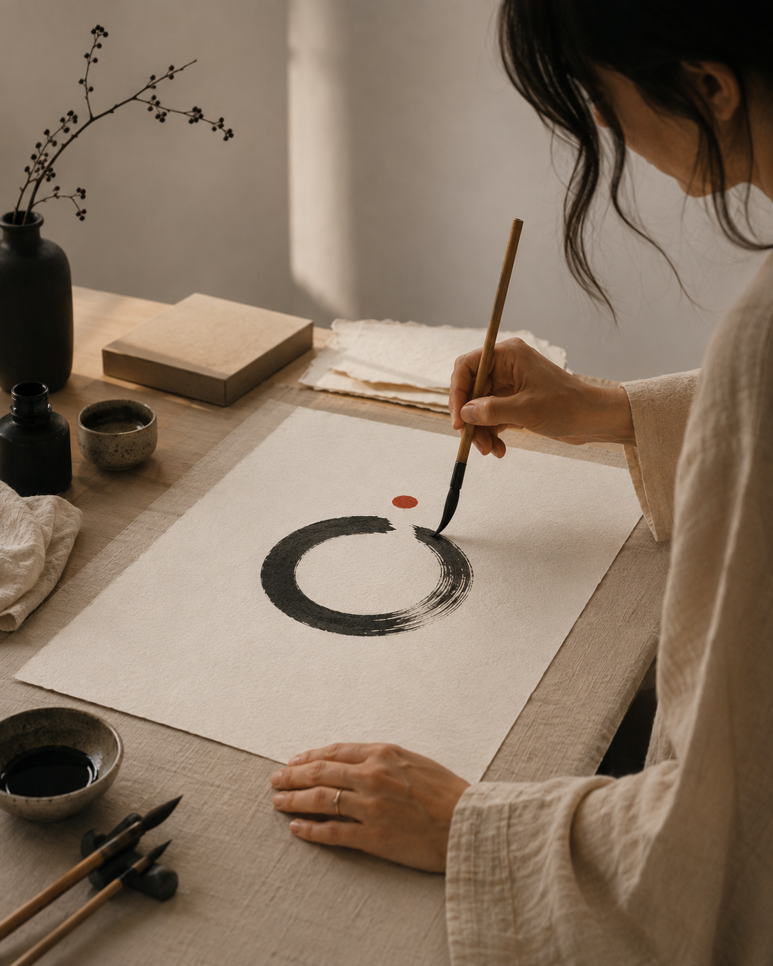 A woman painting an ensō in black ink with a small vermilion dot above it, the brush meeting the paper.