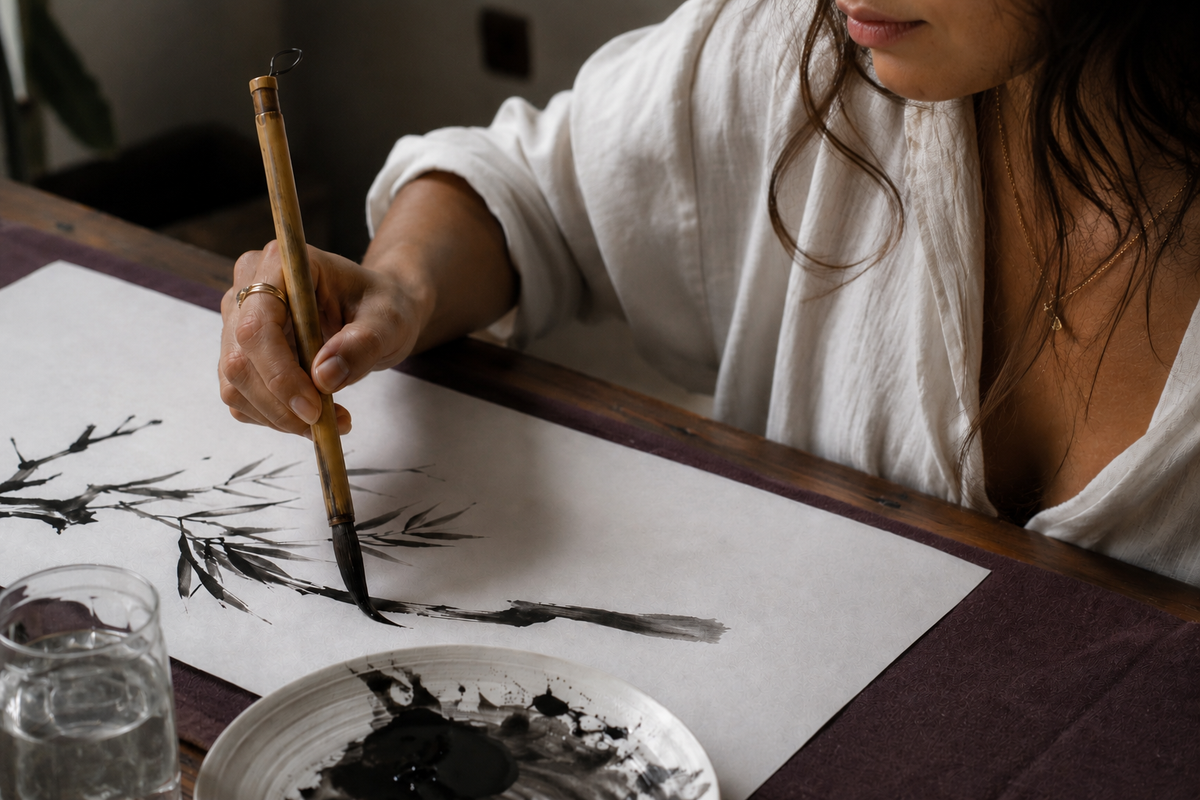 A hand painting bamboo in black sumi-e ink on paper, with a bamboo brush and dish of ink alongside.