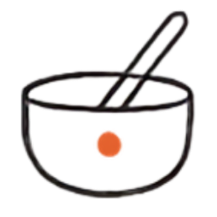 A minimalist line drawing of a tibetan bowl with a mallet inside, featuring a small vermillion dot detail, centered on a plain white background.