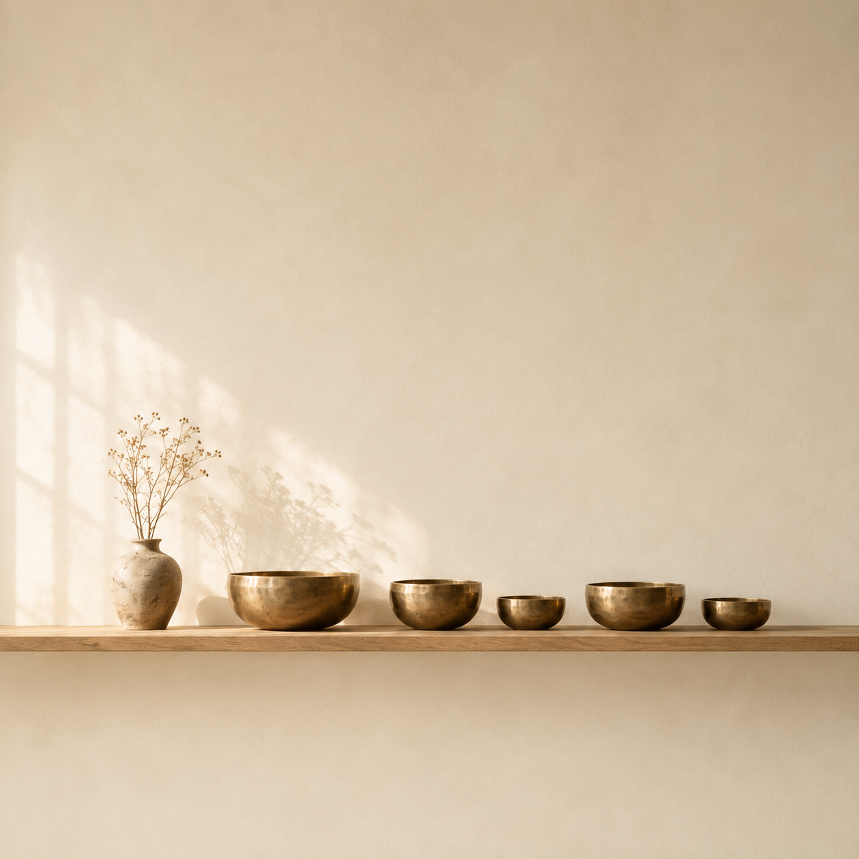 Five brass singing bowls of varying sizes arranged on a light wood shelf next to a small ceramic vase with dried stems, set against a warm beige wall with soft window light shadows.