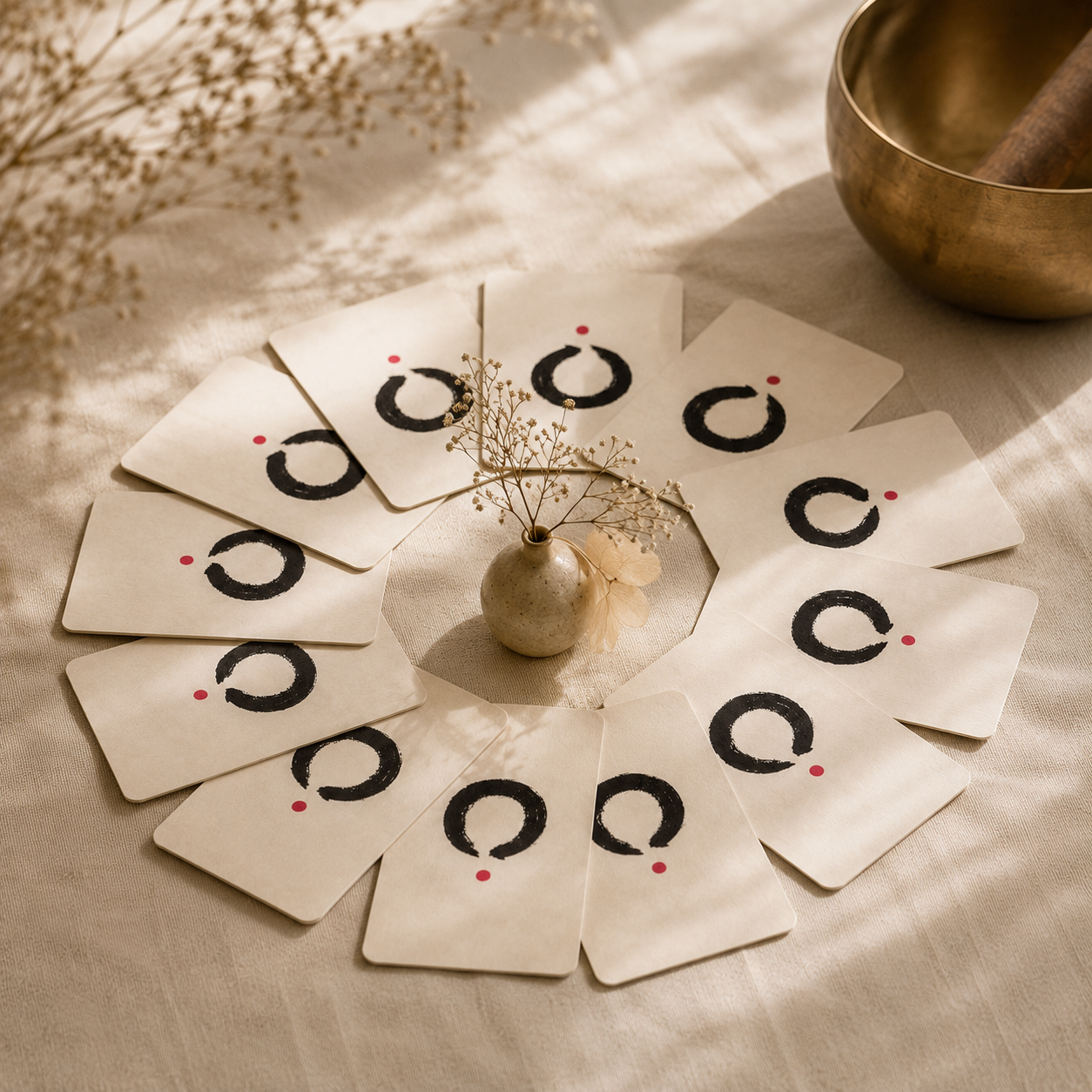 A circular arrangement of cream-colored cards with black circular brushstroke designs and small red dots, styled on a beige fabric surface with dried flowers, a small vase, and a brass bowl in warm natural light.