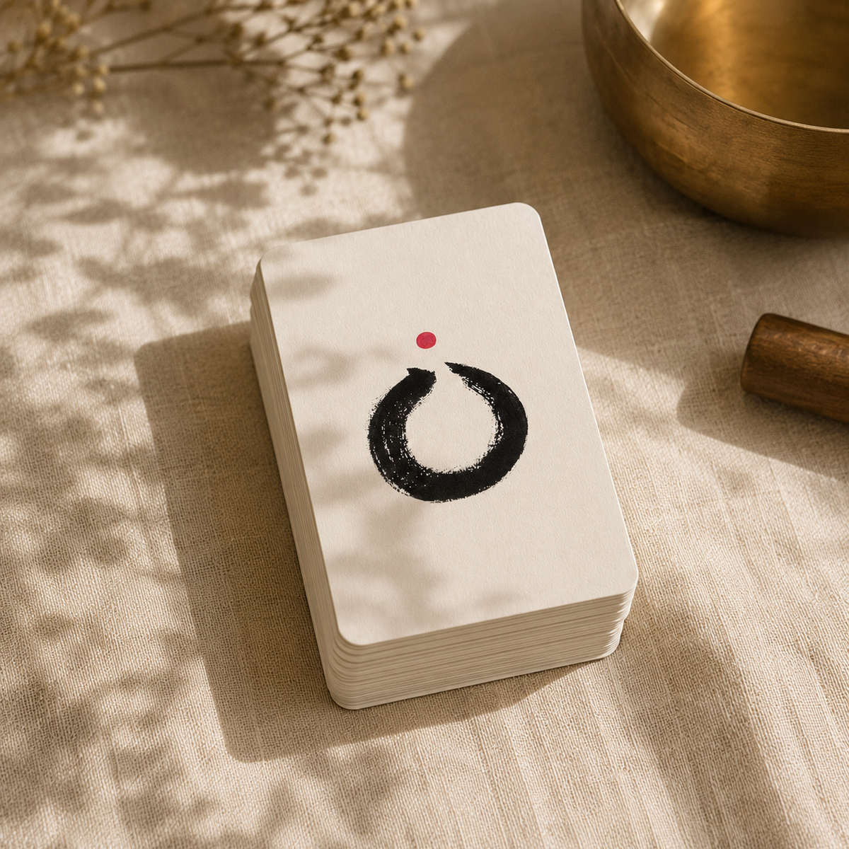 A deck of white cards with a minimalist black brushstroke design and a small red dot on the top card, styled on a beige linen surface with soft shadows and decorative props.