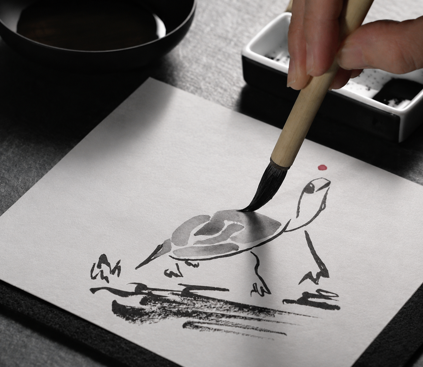 Hand-painted Sumi-e ink painting process for the meditation cards