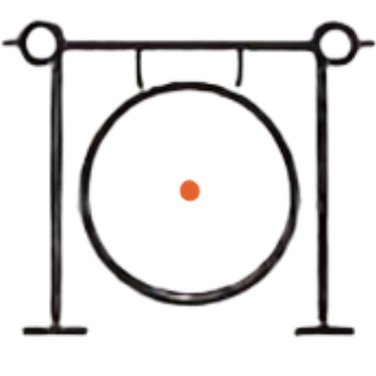 A minimalist black line drawing of a hanging circular target or gong with a small orange dot in the center, shown on a plain white background.