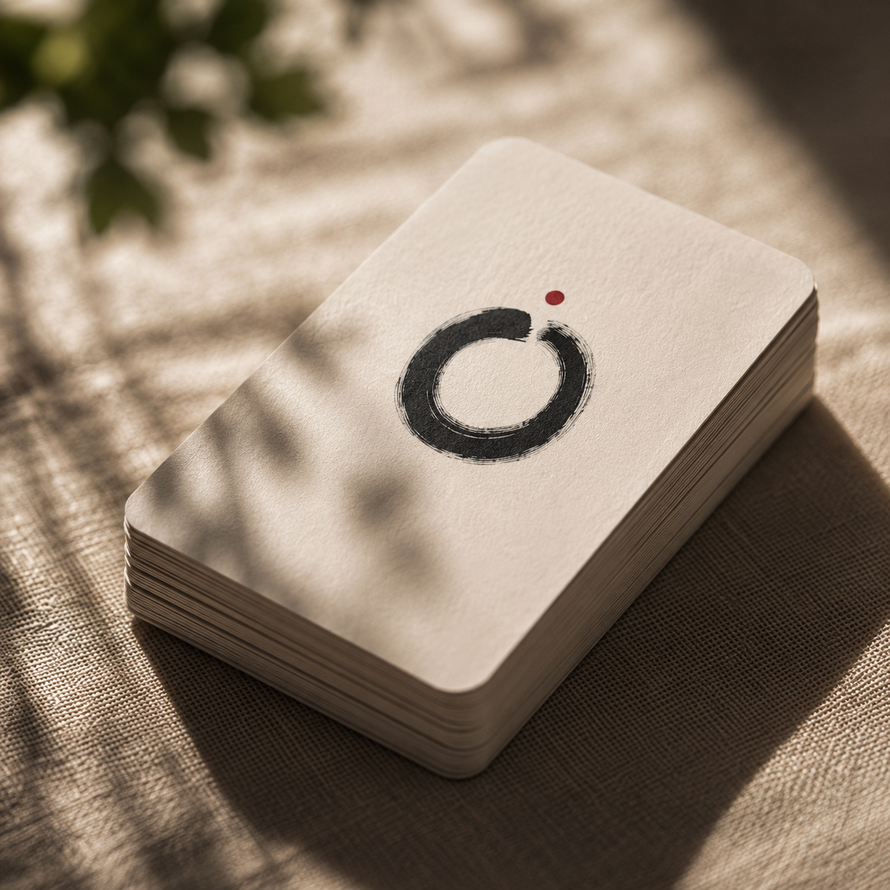 Zen meditation card deck on linen cloth