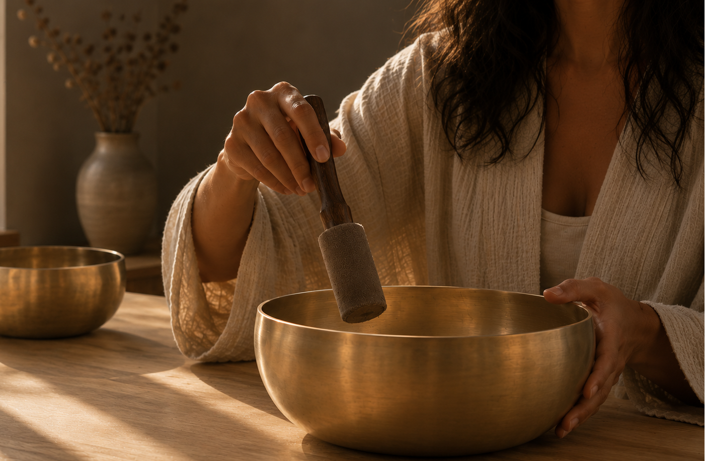A person in a cream robe holds a wooden mallet over a large brass singing bowl on a wooden table, with a smaller bowl in the background near a window.