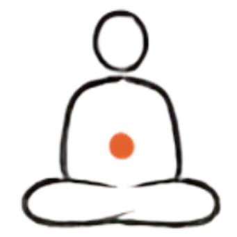 A minimalist black line drawing of a seated meditating figure with a small orange dot on the chest, centered on a plain white background.