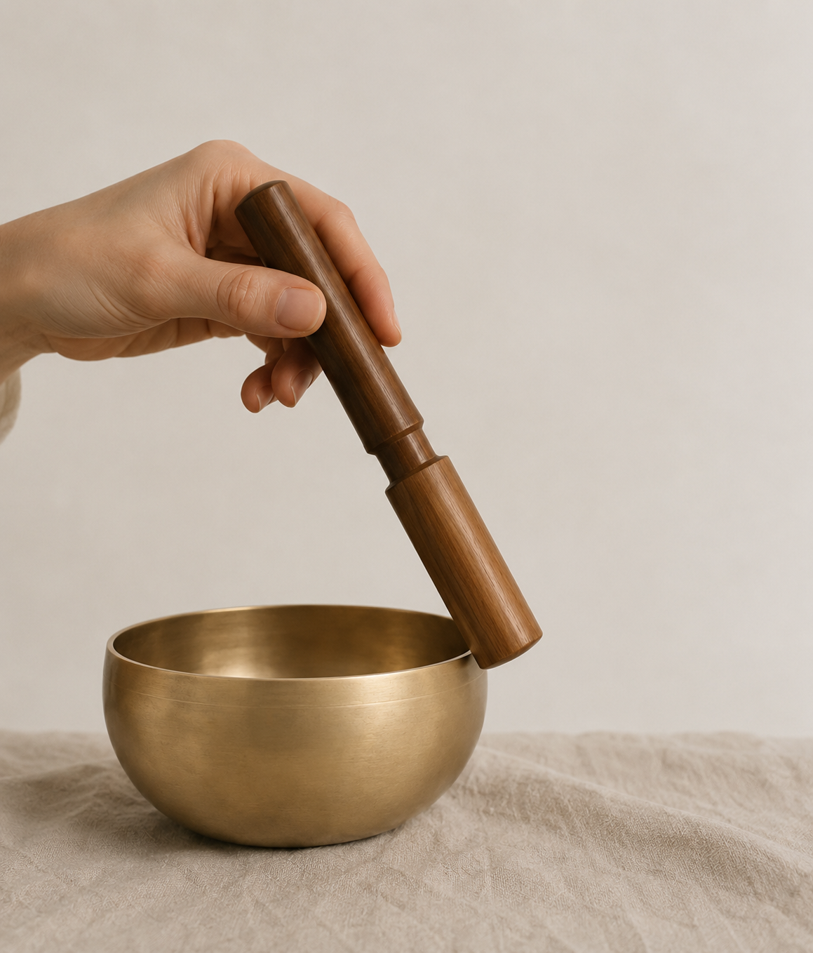 A brass singing bowl on linen cloth, played with a wooden mallet