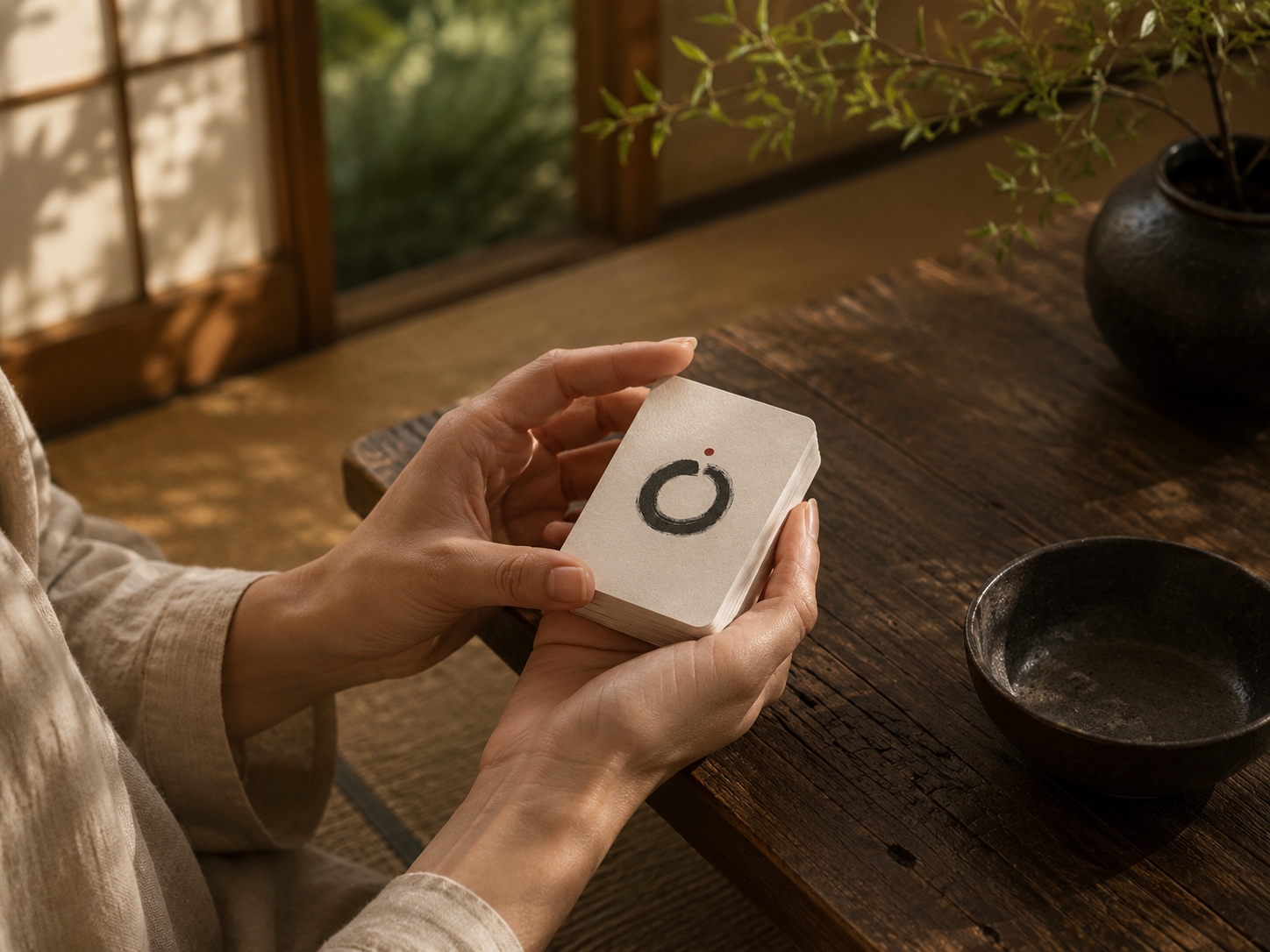 Meditation card deck in a woman's hand