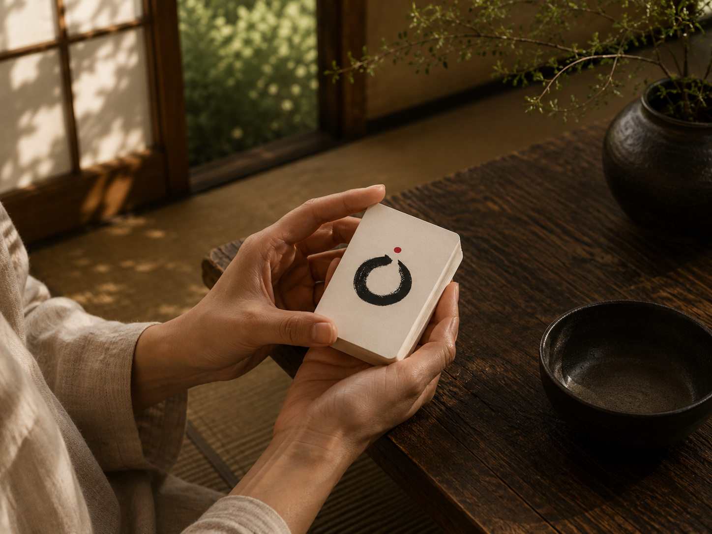 A person in a light beige robe holds a small white rectangular box with a black circular logo and a tiny red dot, set in a warm, traditional Japanese room with a wooden table and tea bowl.