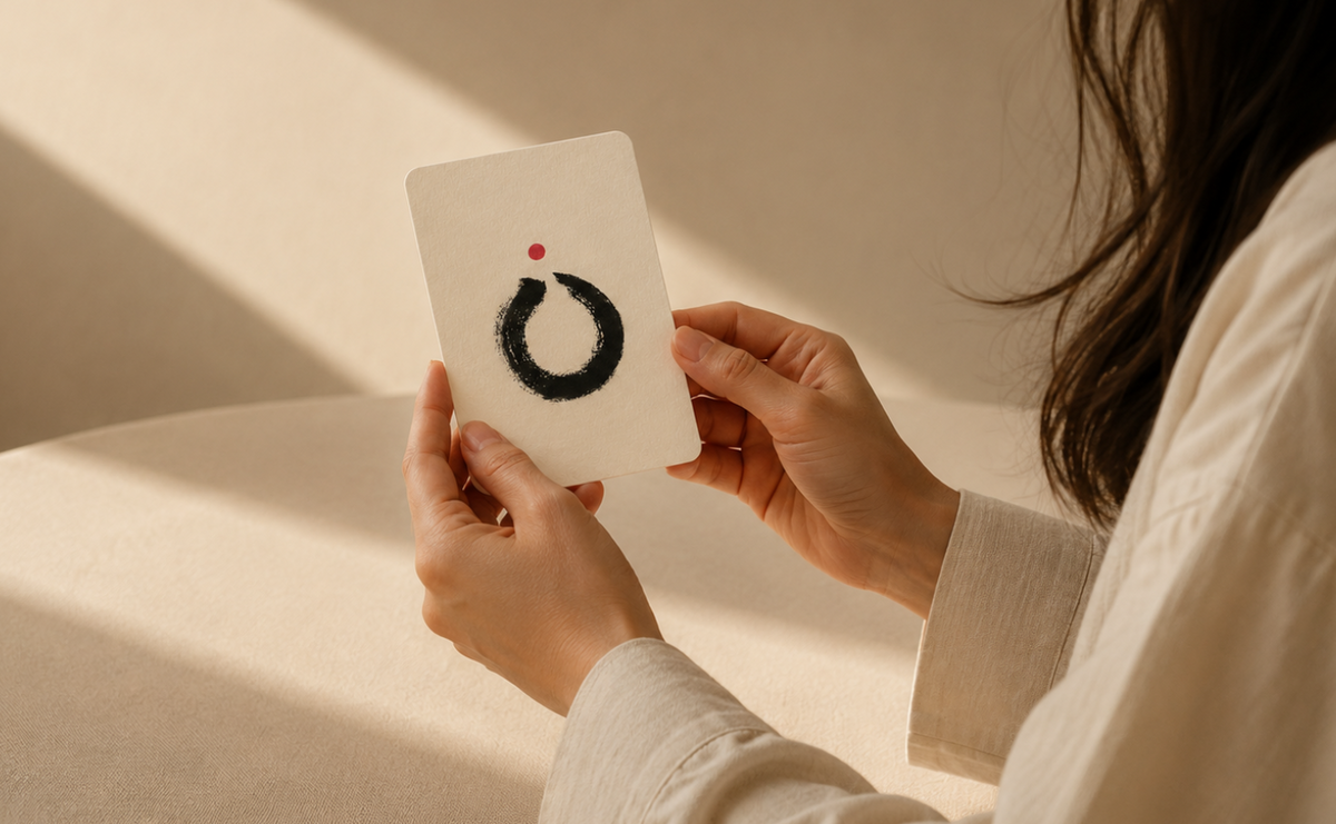 A person in a cream-colored shirt holds a white card featuring a black circular brushstroke design with a small red dot, photographed in warm, sunlit indoor lighting.